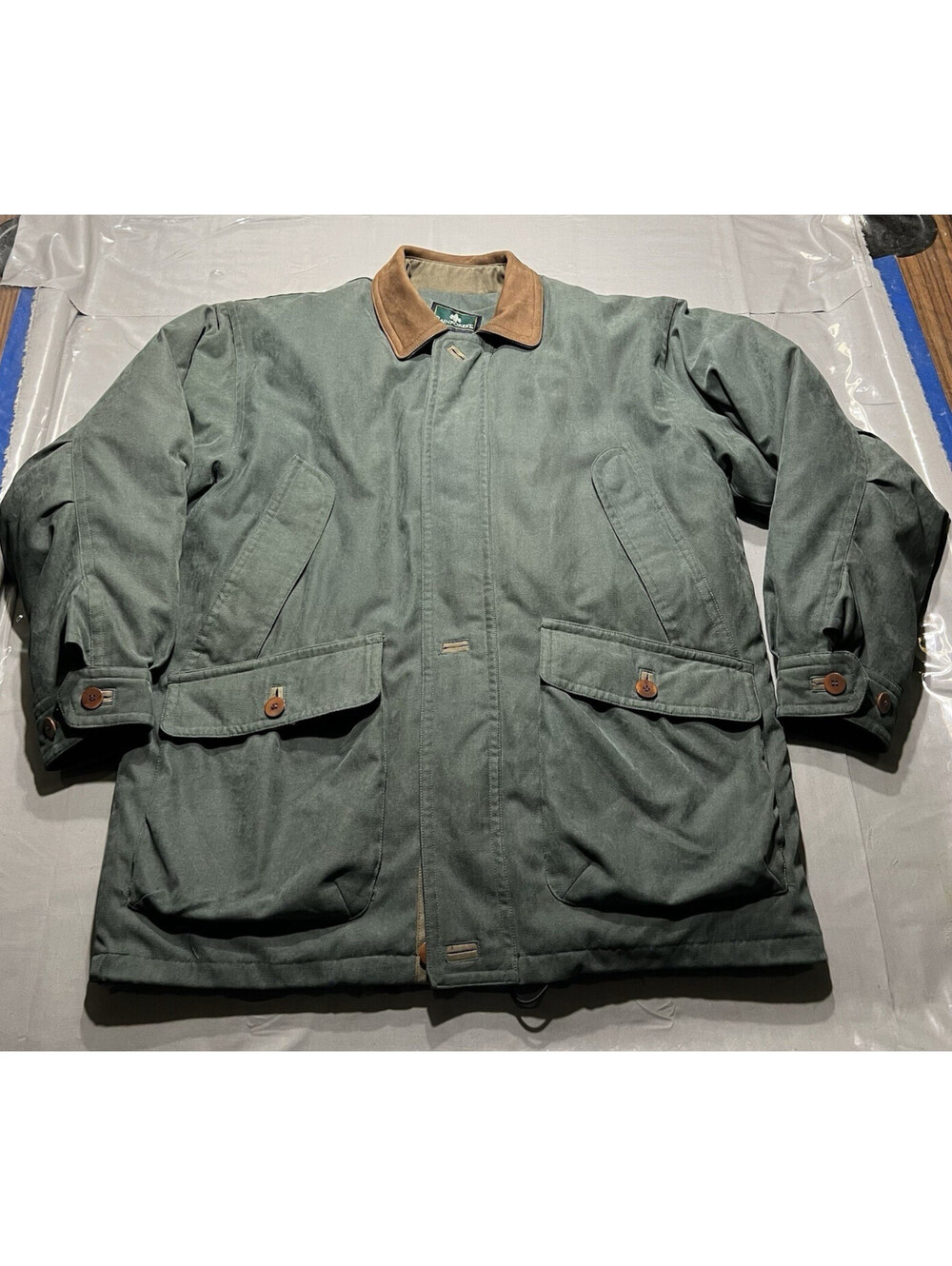 VTG Rainforest Down Coat Barn Chore Green Zip Out Liner Leather Collar Medium